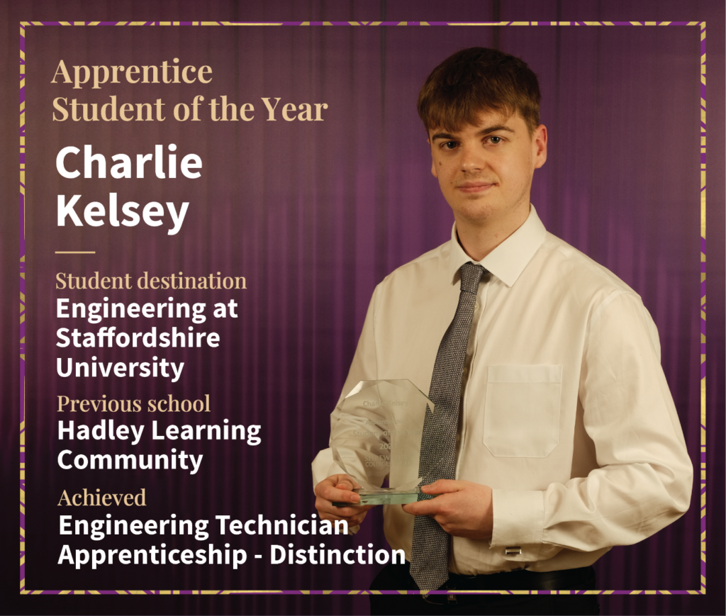 Charlie Kelsey poses with his Apprentice Student of the Year Award.